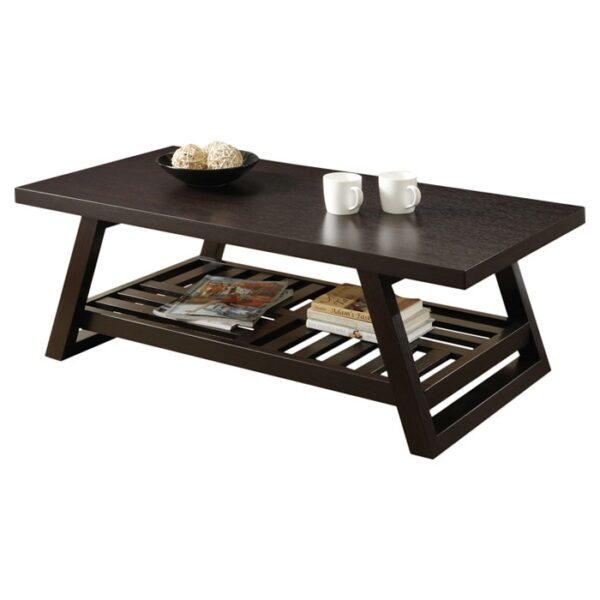 Contemporary Coffee Table with Slatted Bottom Shelf in Rich Brown - Image 2