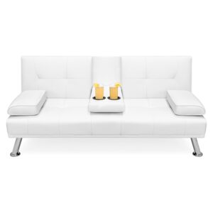 White Faux Leather Convertible Sofa Futon with 2 Cup Holders