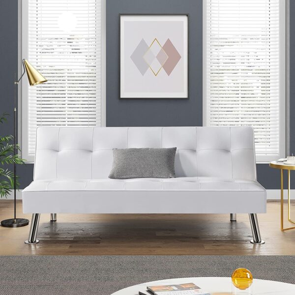 White Faux Leather Click Clack Adjustable Futon Sleeper Sofa - Image 2