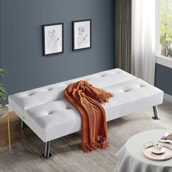 White Faux Leather Click Clack Adjustable Futon Sleeper Sofa - Image 3