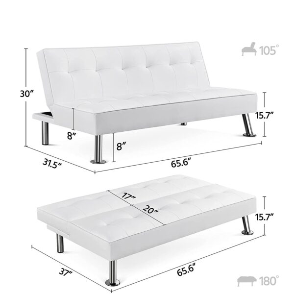 White Faux Leather Click Clack Adjustable Futon Sleeper Sofa - Image 4