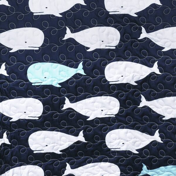 Full/Queen 5 Piece Bed In A Bag Navy Teal Microfiber Waves Whales Quilt Set - Image 2
