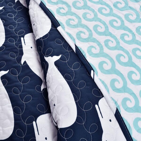 Full/Queen 5 Piece Bed In A Bag Navy Teal Microfiber Waves Whales Quilt Set - Image 3