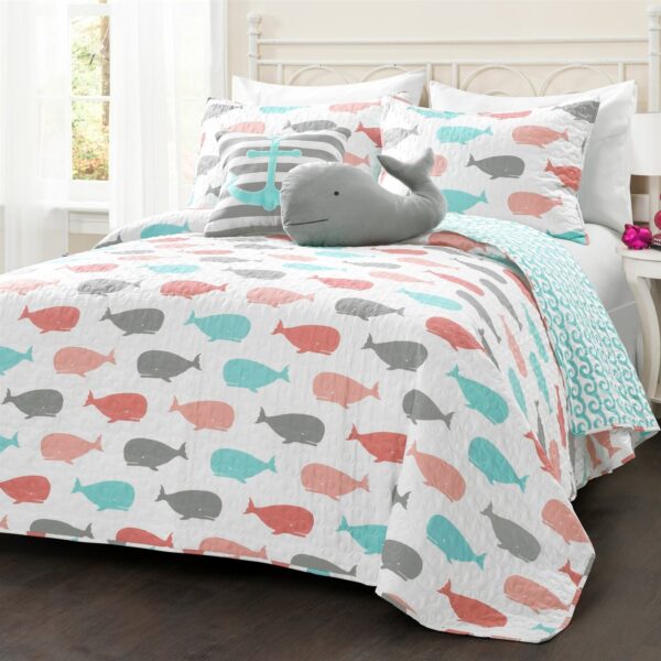 Full/Queen 5 Piece Microfiber Quilt Set in Teal Pink Aqua Waves Whale Pattern - Image 2