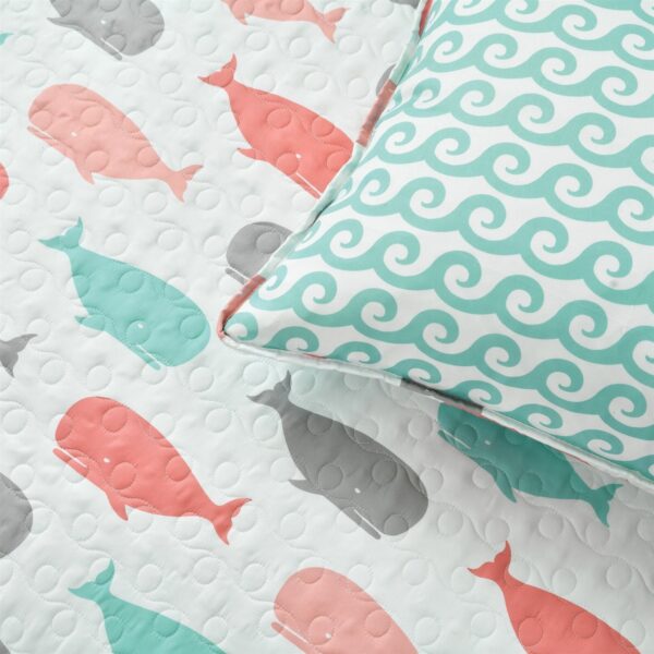 Full/Queen 5 Piece Microfiber Quilt Set in Teal Pink Aqua Waves Whale Pattern - Image 3