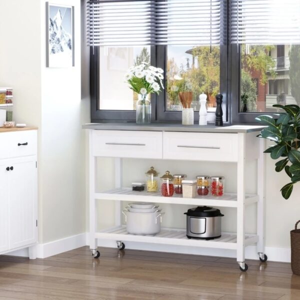 White Rolling Kitchen Island 2 Drawers Storage with Stainless Steel Top - Image 3