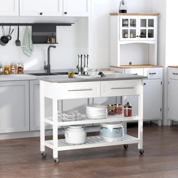 White Rolling Kitchen Island 2 Drawers Storage with Stainless Steel Top - Image 4