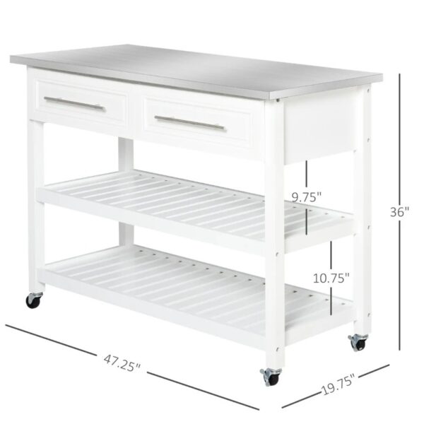 White Rolling Kitchen Island 2 Drawers Storage with Stainless Steel Top - Image 5