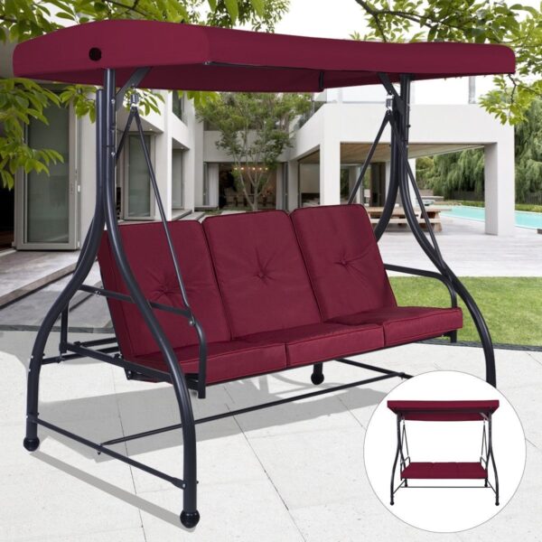 Dark Red Burgundy 3 Seat Cushioned Porch Patio Canopy Swing Chair - Image 2