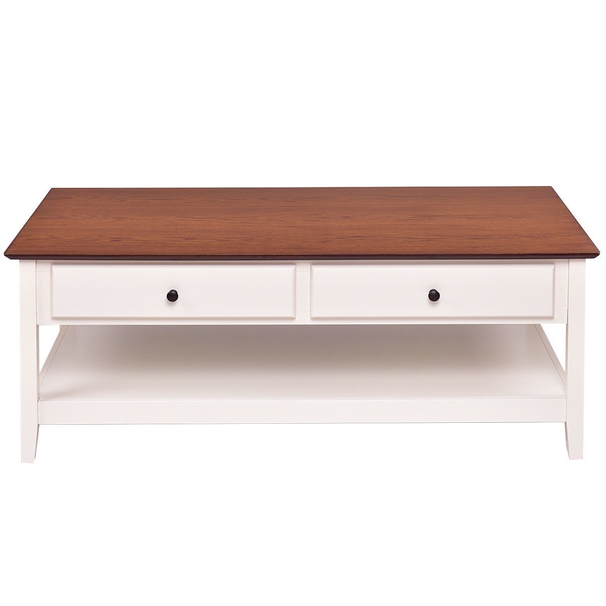 White Wood Coffee Table with 2 Storage Drawers and Bottom Shelf - Image 2