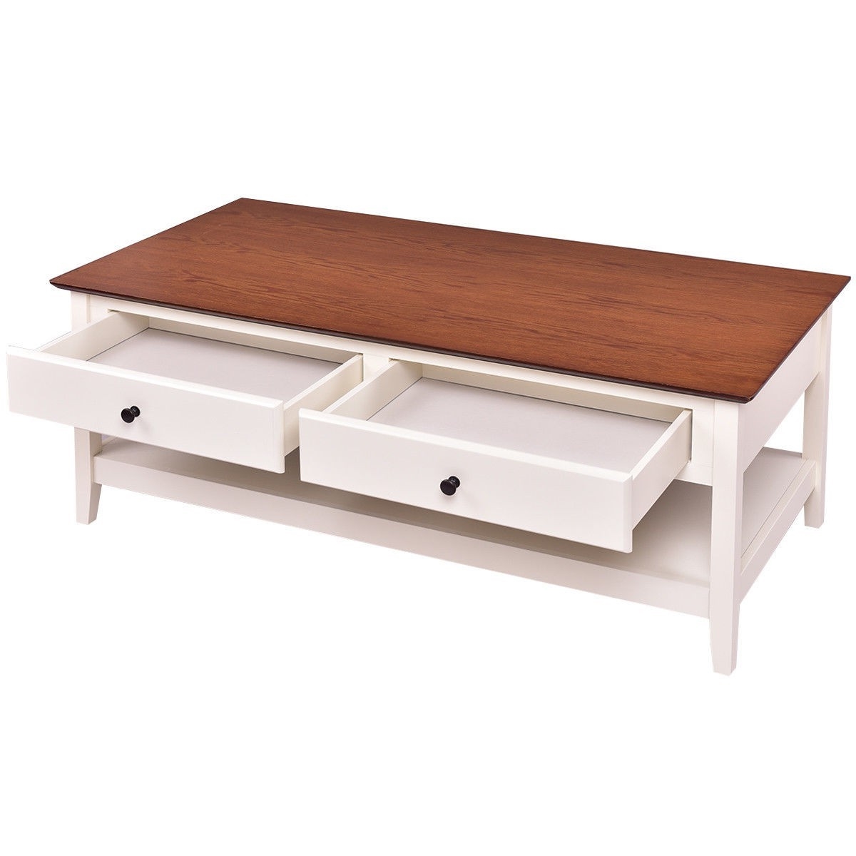 White Wood Coffee Table with 2 Storage Drawers and Bottom Shelf - Image 3