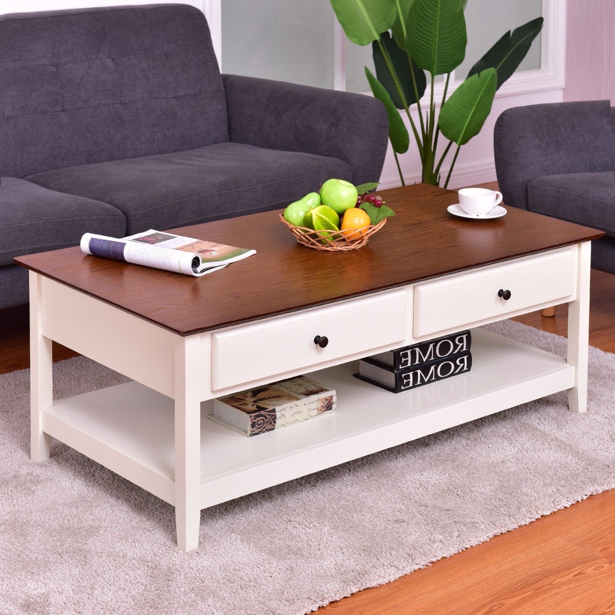 White Wood Coffee Table with 2 Storage Drawers and Bottom Shelf - Image 4