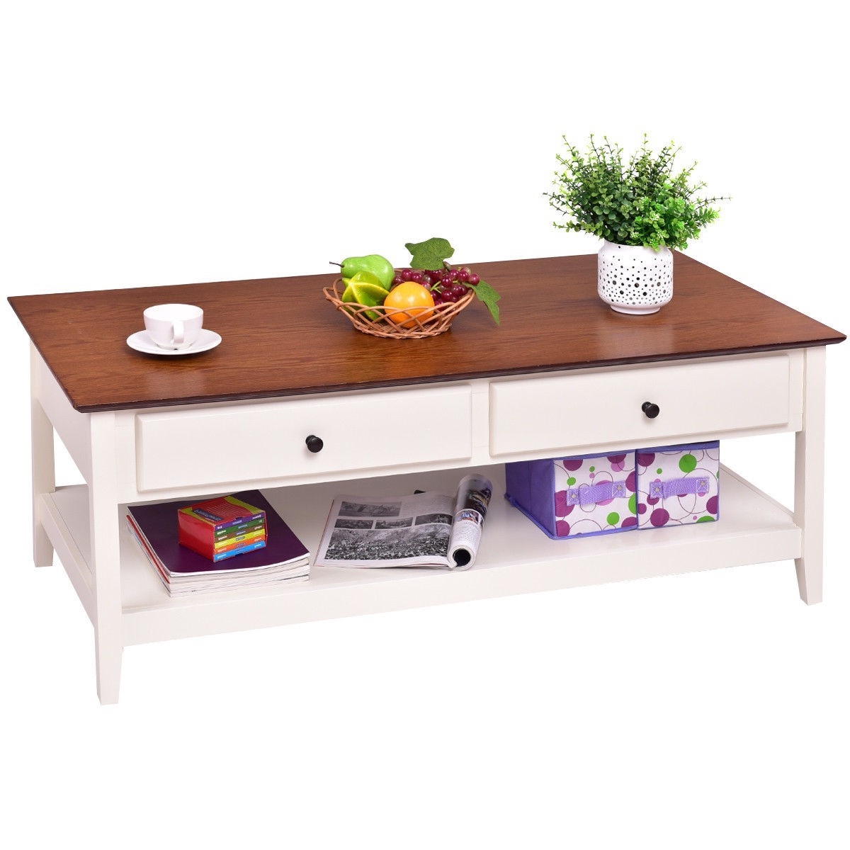 White Wood Coffee Table with 2 Storage Drawers and Bottom Shelf - Image 5