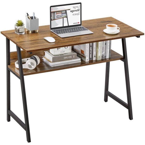 39-inch Home Office Laptop Computer Desk Table Black Metal Wood Top with Shelf - Image 2