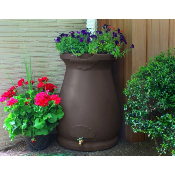 Brown Oak 65 Gallon Plastic Urn Rain Barrel with Planter Top - Image 2