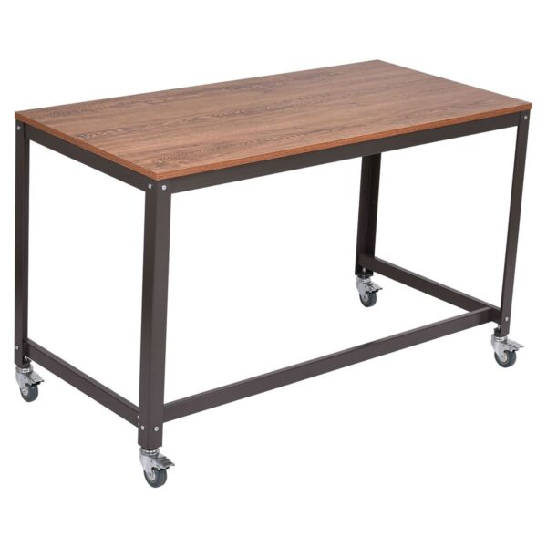 Industrial Modern Steel Frame Wood Top Computer Desk with Locking Wheels - Image 2