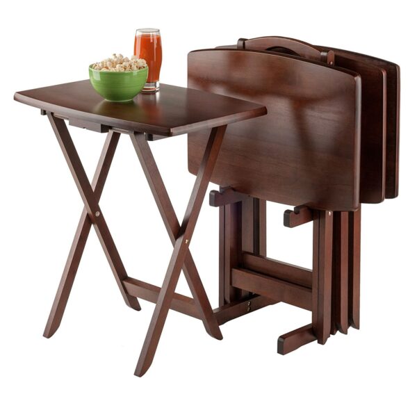 Set of 4 TV Tray Coffee Tables with Storage Rack in Walnut Wood Finish - Image 2