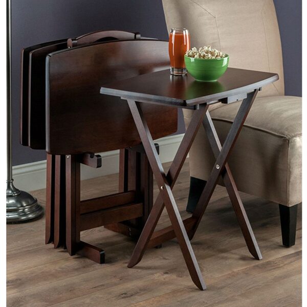 Set of 4 TV Tray Coffee Tables with Storage Rack in Walnut Wood Finish - Image 3