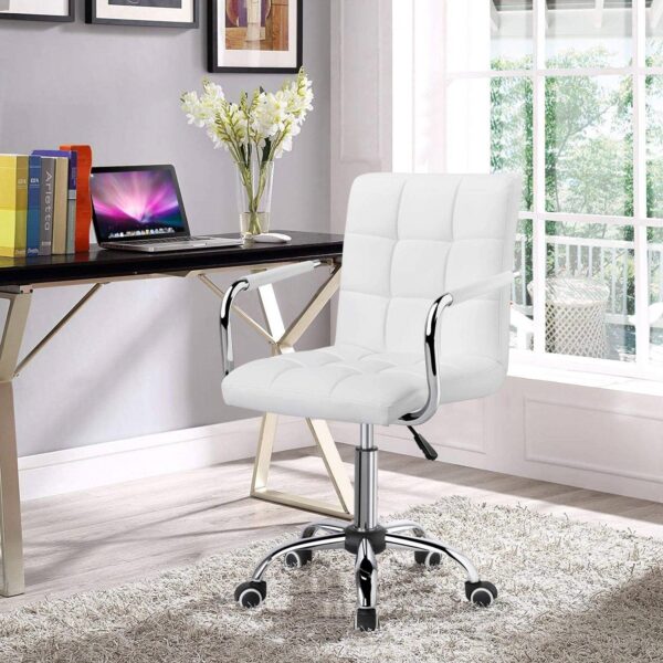 White Modern Faux Leather Mid-Back Swivel Office Chair with Armrests and Wheels - Image 2