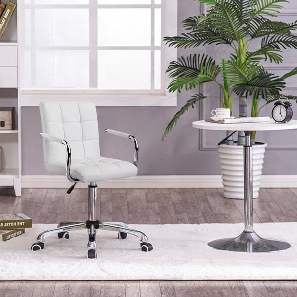 White Modern Faux Leather Mid-Back Swivel Office Chair with Armrests and Wheels - Image 3