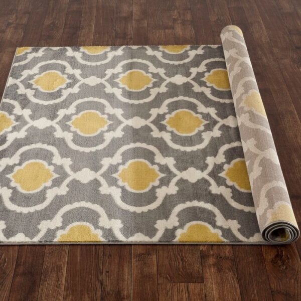 3'3" x 5' Grey Yellow Trellis Geometric Polypropylene Area Rug - Image 4
