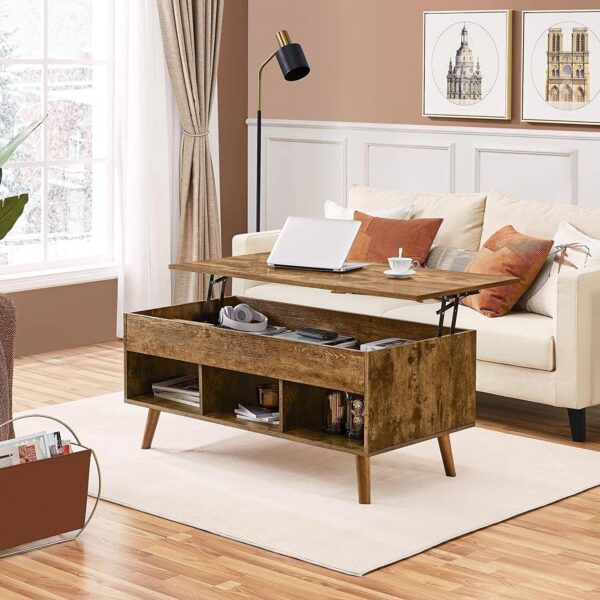 Mid-Century Lift-Top Coffee Table Sofa Laptop Desk in Rustic Brown Wood Finish - Image 2