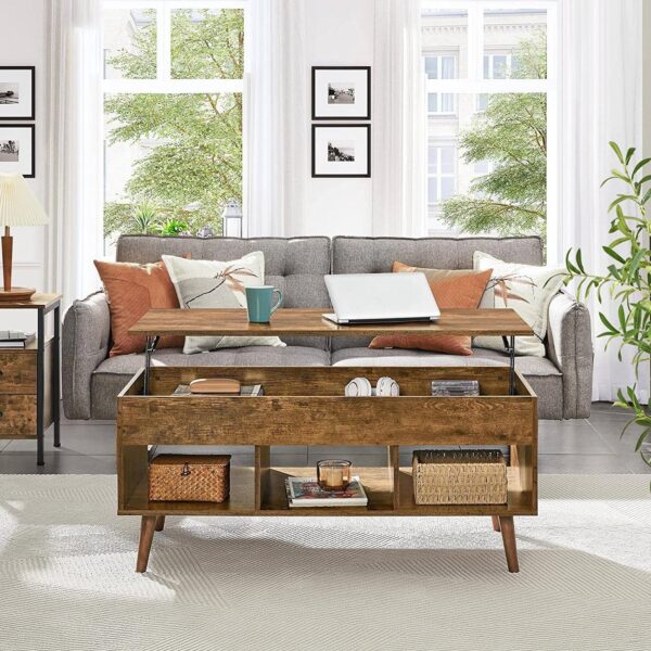 Mid-Century Lift-Top Coffee Table Sofa Laptop Desk in Rustic Brown Wood Finish - Image 3