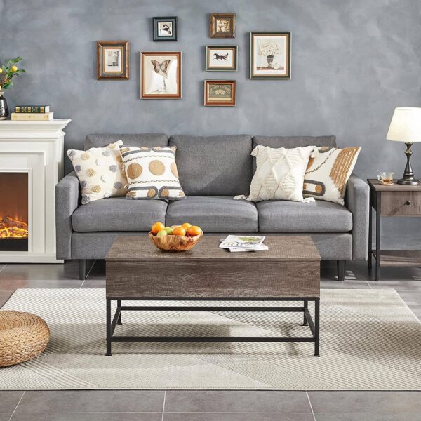 Modern Metal Lift Top Coffee Table Sofa Laptop Desk with Rustic Taupe Wood Top - Image 2