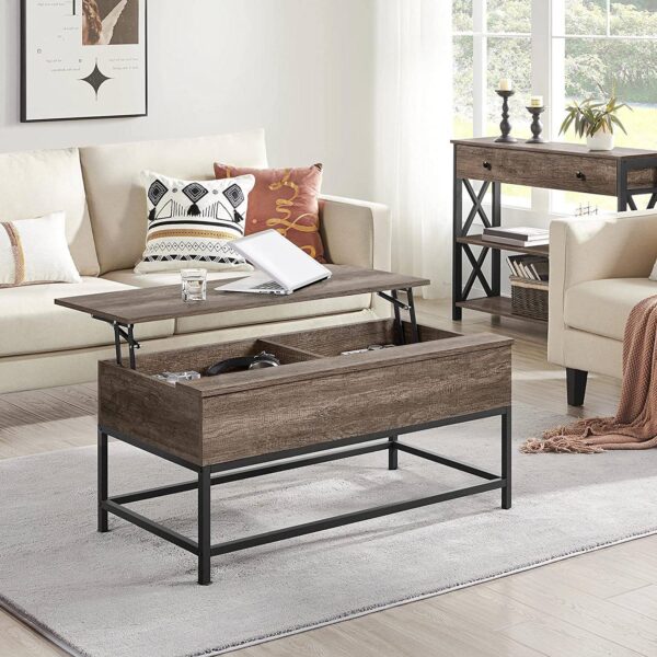 Modern Metal Lift Top Coffee Table Sofa Laptop Desk with Rustic Taupe Wood Top - Image 3