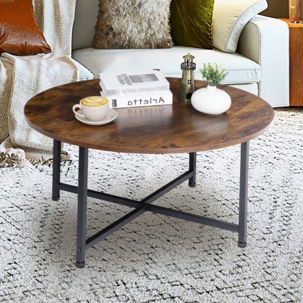Modern Round Industrial Coffee Table with Rustic Brown Wood Top - Image 3
