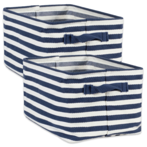 PE Coated Herringbone Woven Cotton Laundry Bin Stripe French Blue Rectangle Large 16X12.5X9.5 Set/2
