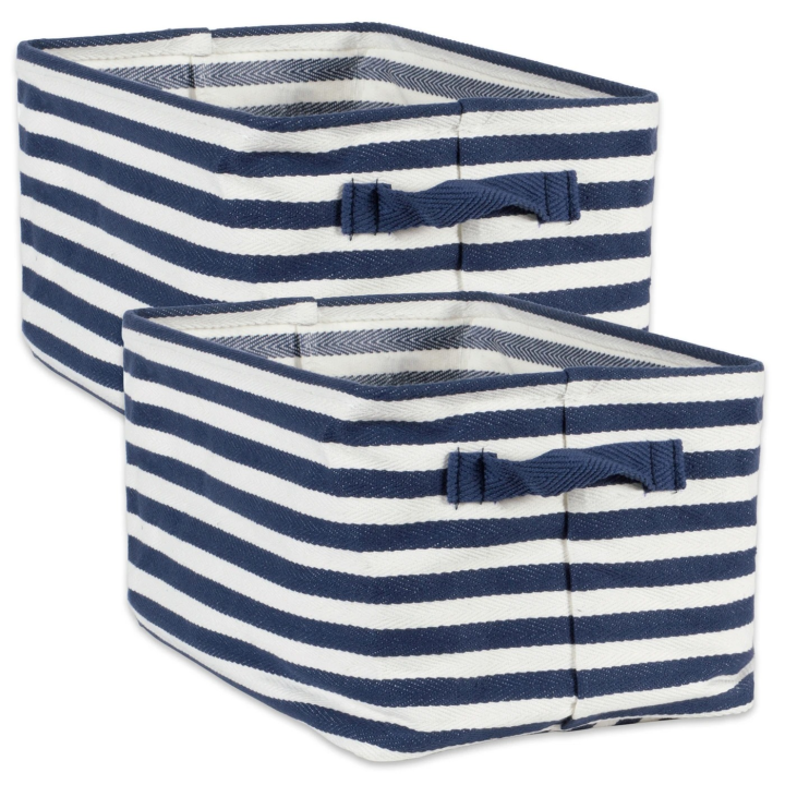 PE Coated Herringbone Woven Cotton Laundry Bin Stripe French Blue Rectangle Large 16X12.5X9.5 Set/2