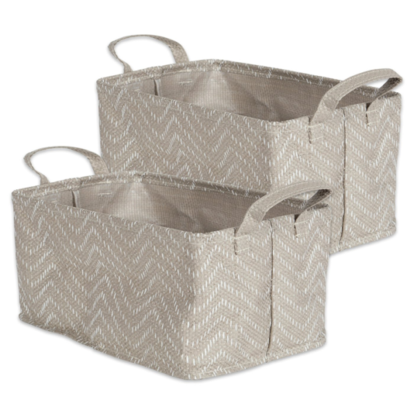 PE Coated Woven Paper Laundry Bin Tribal Chevron Stone/Cream Rectangle Large 16X12.5X9.5 Set/2