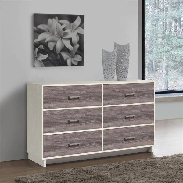 Modern 6-Drawer Dresser in Rustic White Brown Wood Finish - Image 3