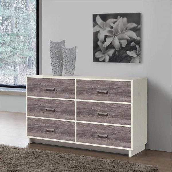 Modern 6-Drawer Dresser in Rustic White Brown Wood Finish - Image 4