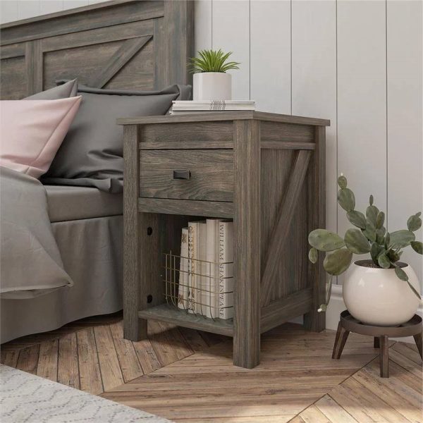 Farmhouse 1-Drawer Bedroom Nightstand with Open Shelf in Rustic Grey Oak - Image 3
