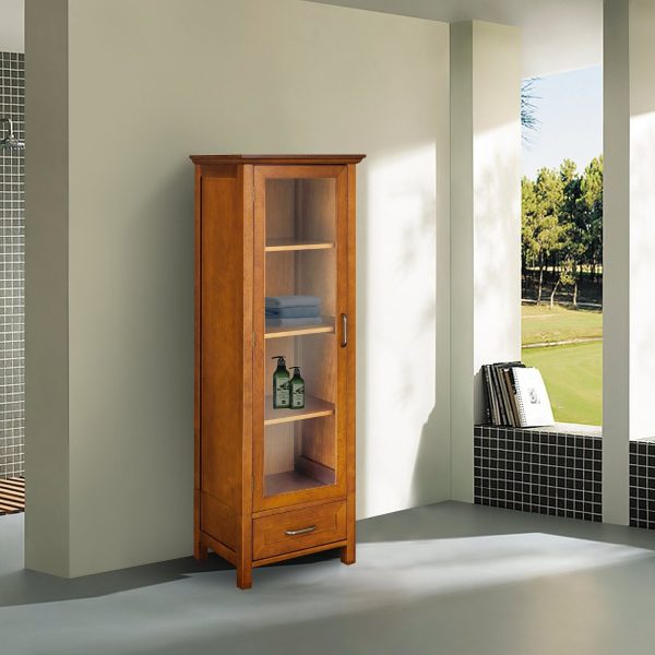Oak Finish Linen Tower Glass Door Bathroom Storage Cabinet w/ Drawer - Image 3