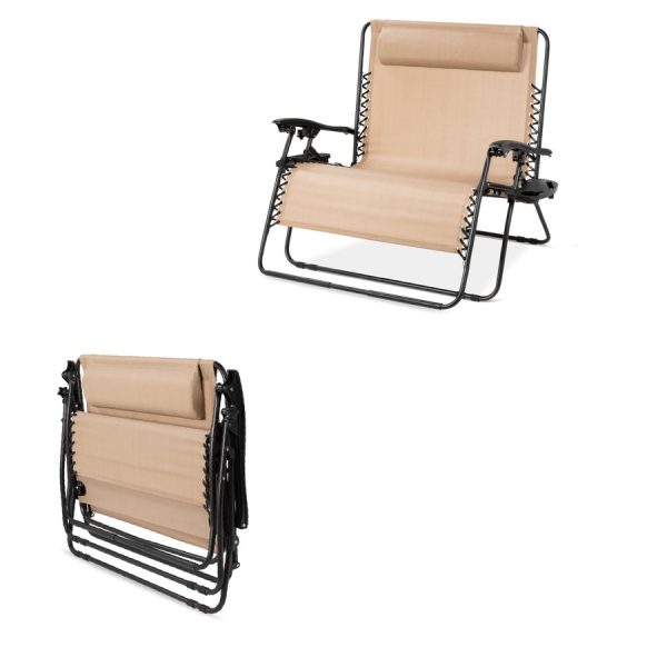 2 Person Tan Extra Wide Zero Gravity Chair Lounger with Cup Holders Headrest - Image 4