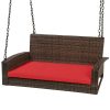Brown Wicker Hanging Patio Porch Swing Bench w/ Mounting Chains and Red Seat Cushion - Image 2