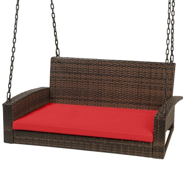 Brown Wicker Hanging Patio Porch Swing Bench w/ Mounting Chains and Red Seat Cushion - Image 2