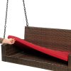 Brown Wicker Hanging Patio Porch Swing Bench w/ Mounting Chains and Red Seat Cushion - Image 3