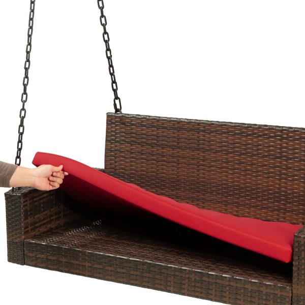 Brown Wicker Hanging Patio Porch Swing Bench w/ Mounting Chains and Red Seat Cushion - Image 3