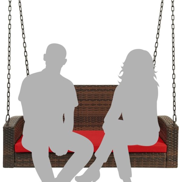 Brown Wicker Hanging Patio Porch Swing Bench w/ Mounting Chains and Red Seat Cushion - Image 4