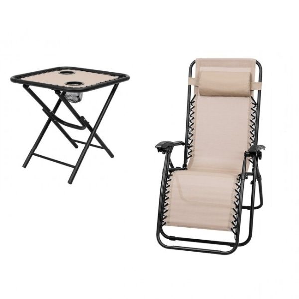 3 Piece Folding Portable Reclining Lounge Chairs Table Set Tan - Image 2