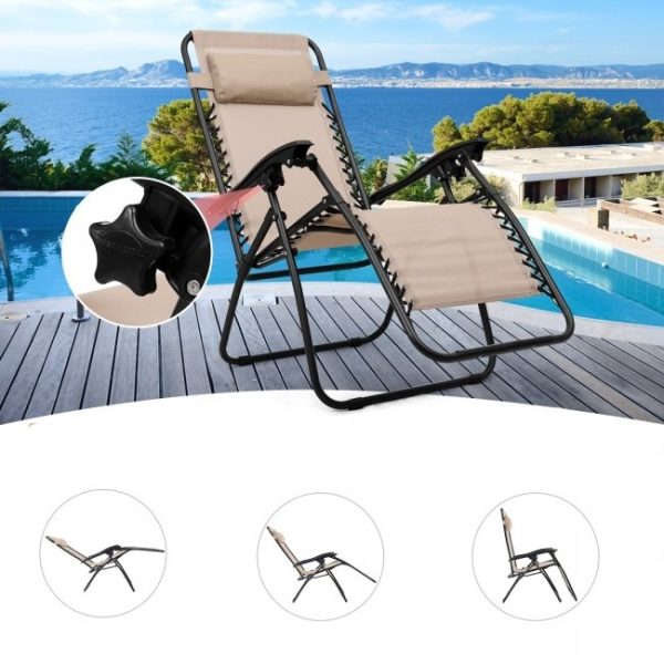3 Piece Folding Portable Reclining Lounge Chairs Table Set Tan - Image 3