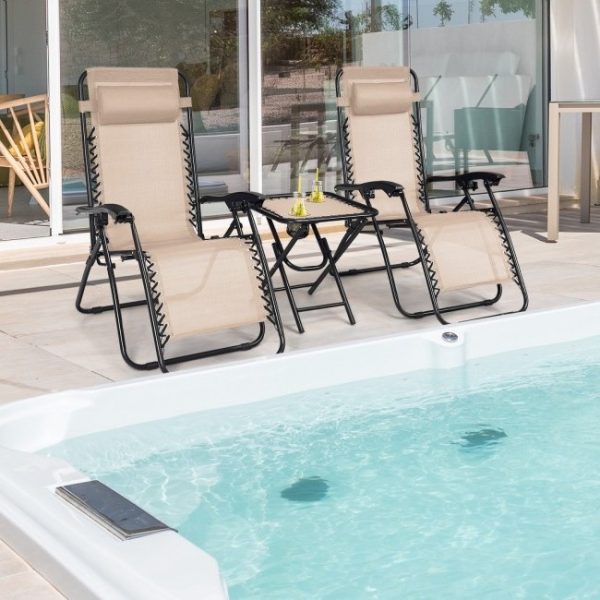 3 Piece Folding Portable Reclining Lounge Chairs Table Set Tan - Image 4