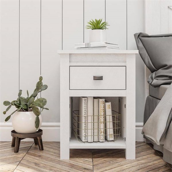 Farmhouse 1-Drawer Bedroom Nightstand with Open Shelf in Rustic Off-White Oak - Image 2