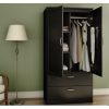 Modern Two Door Wardrobe Armoire with Two Drawers and Hanging Rod Storage, Black - Image 2