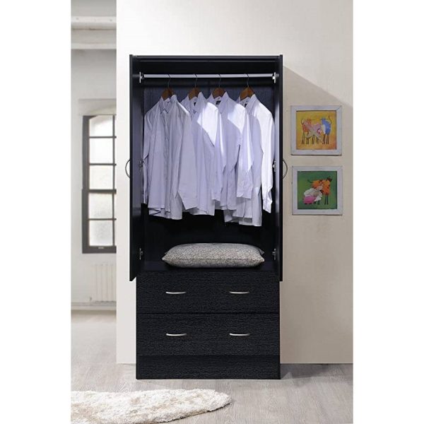 Black 2 Door Wardrobe Armoire with 2 Drawers and Hanging Rod Storage - Image 2