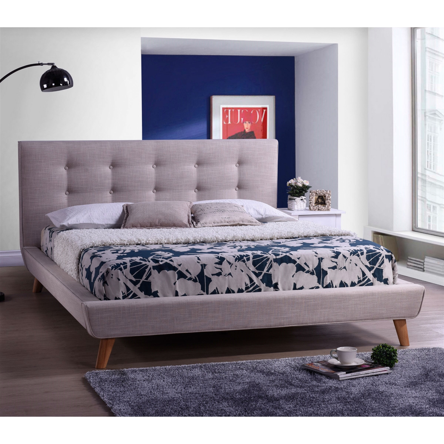 Queen size Modern Beige Linen Upholstered Platform Bed with Button Tufted Headboard - Image 2